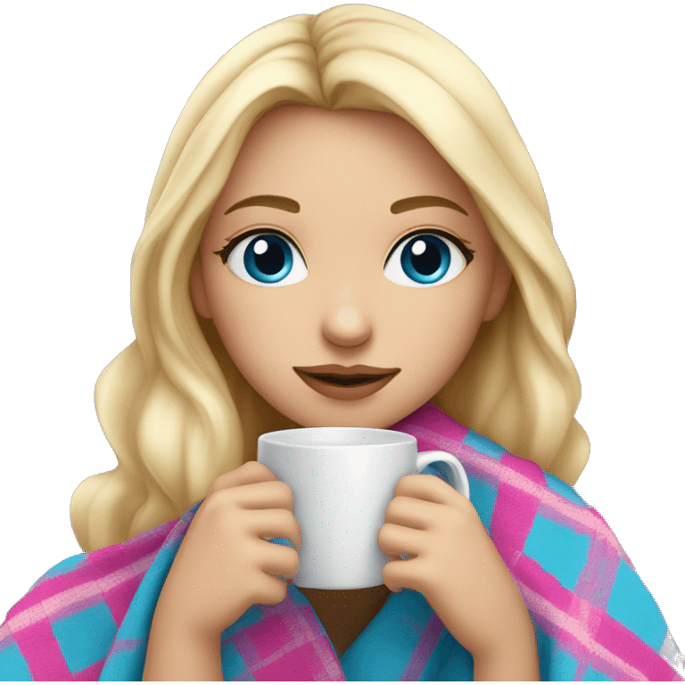 cute blonde girl with long hair wrapped in pink plaid blanket drinking coffee blue eyes emoji