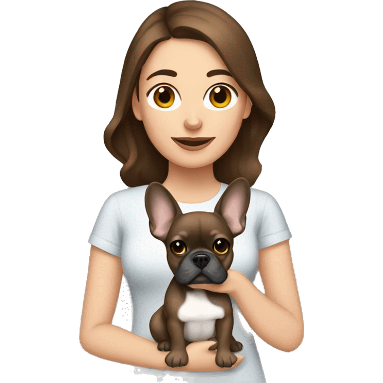 Brown haired women with brown eyed holding grey french bulldog emoji