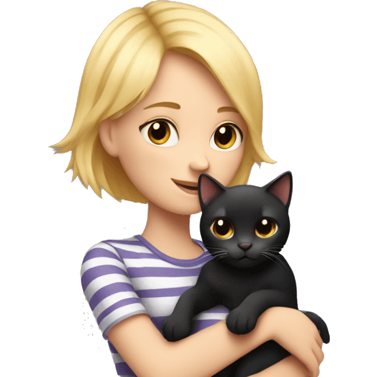 A girl with short blond hair hugs a black striped cat emoji