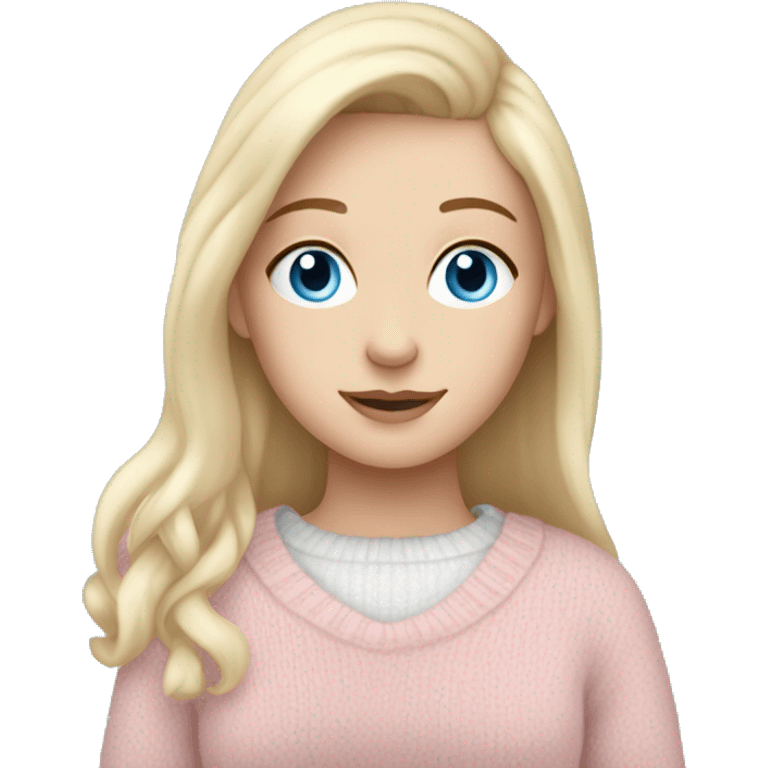 Pretty blue eyed white girl with light pink sweater reading cozy emoji