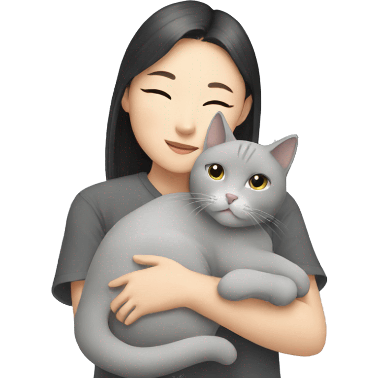 chinese Girl hugging grey cat emoji