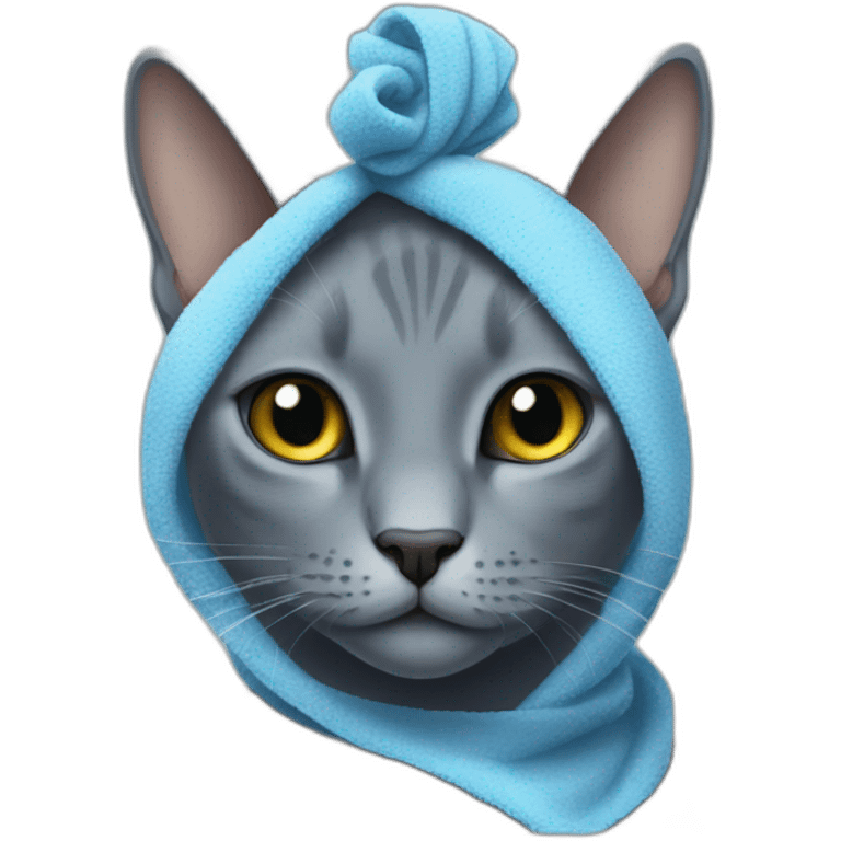 Russian blue cat with towel on top of head emoji