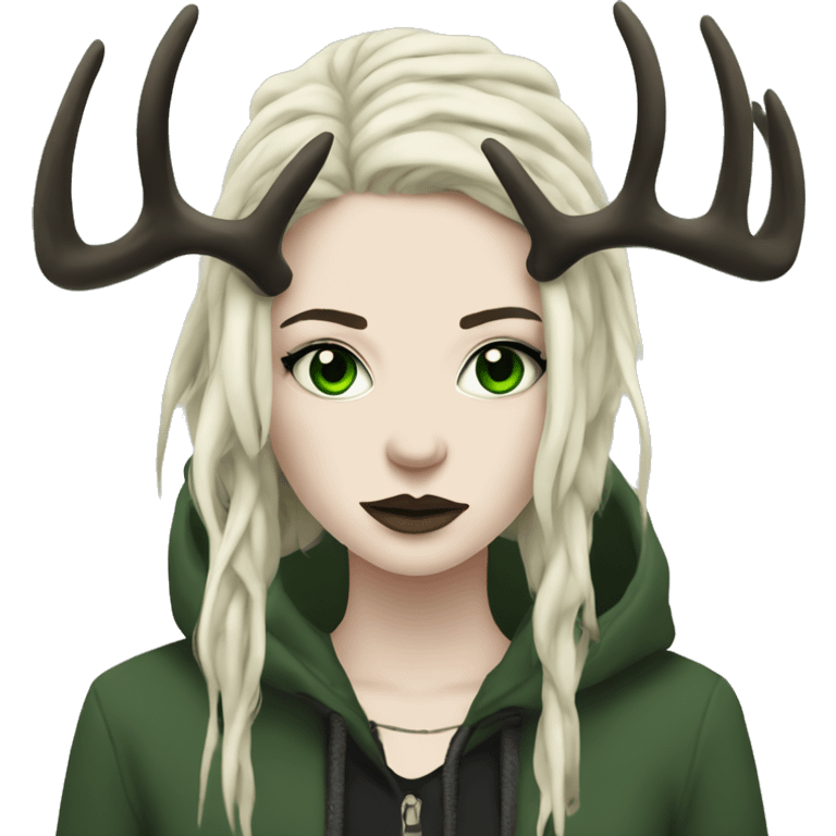 Portrait of a woman with pale skin, green eyes, black dreadlocks, eyeliner, deer antlers, punk, grunge emoji