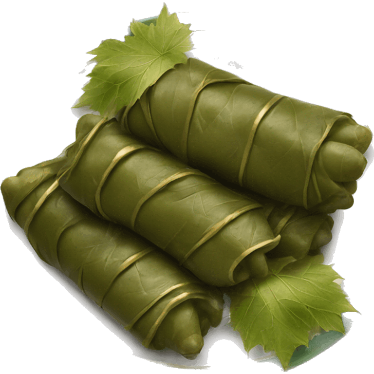 Stuffed grape leaves that are coocked and in a plate with gold stripes emoji