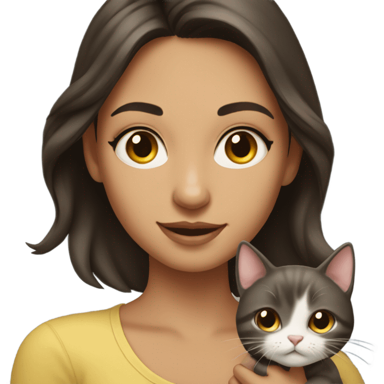 portrait of a beautiful brunette girl holding a cat emoji