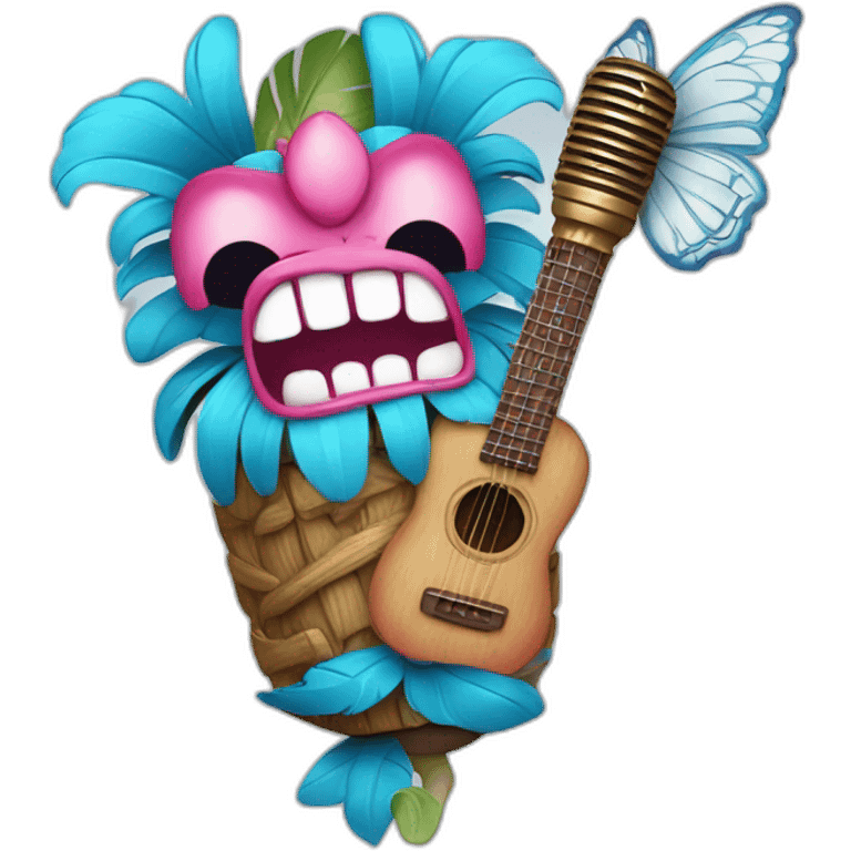 Cartoon Blue and pink tiki singing with butterfly and in the mikrophone emoji