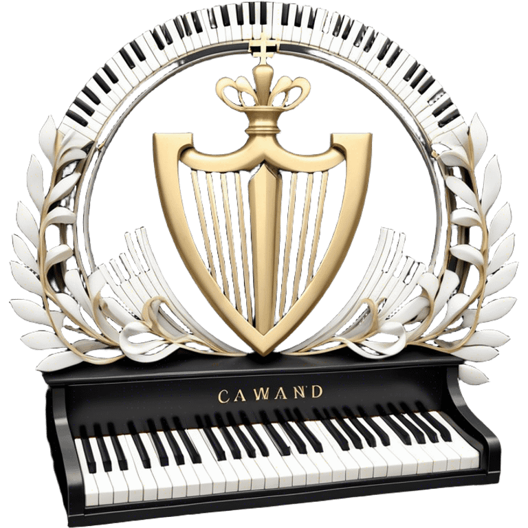 Create an elegant and festive emoji collage representing keyboard instruments, styled like a heraldic emblem. The design should feature a central focal point of black and white piano keys, arranged in a semi-circular or shield-like shape. Around the piano keys, add intertwining musical notes that form flowing ribbons, creating a dynamic and celebratory atmosphere. The design should be professional, with polished silver and gold accents on the keys and notes, highlighting the luxury and sophistication of the instruments. Add subtle shading and lighting effects to give the design a refined, 3D appearance. The background should remain transparent, and the overall feel should evoke grandeur, artistry, and a sense of celebration. emoji