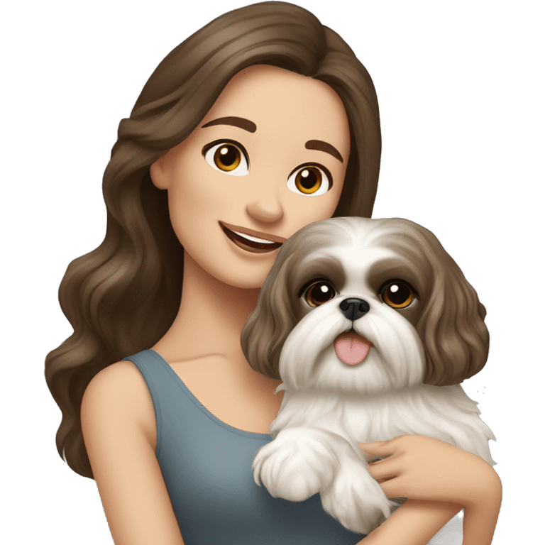 Young brunette hair woman with a cream shih tzu in her arms long wavy hair emoji