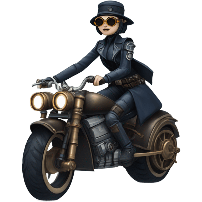 Bounty hunter Wednesday Addams Jedi wearing a pair of navy-blue rimmed steampunk goggles, hat, leather chaps, light saber, fringe jacket riding a distressed sci-fi 3 wheeled steampunk electric motorcycle with fenders and saddlebags on icy road  emoji