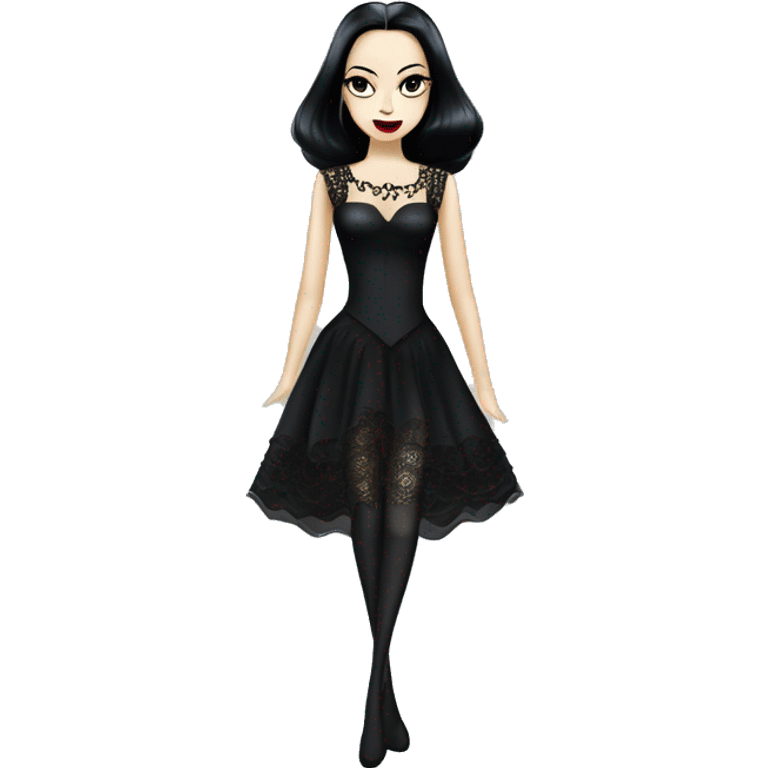 Cute morticia Addams in very thin very lightweight organza filigree backless one piece dress uniform.  emoji