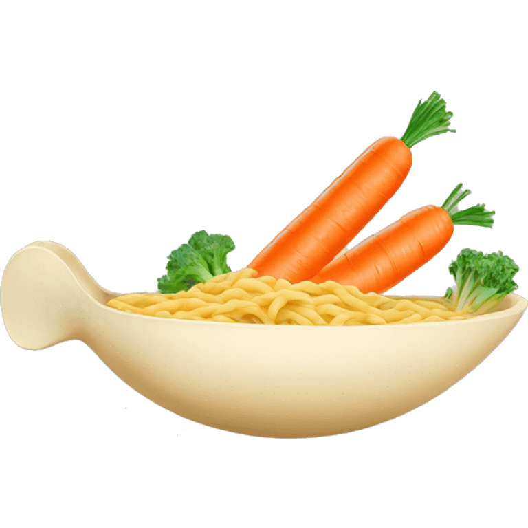 I want carrot inside a boat flying in a bowl  of chicken noodle soup emoji