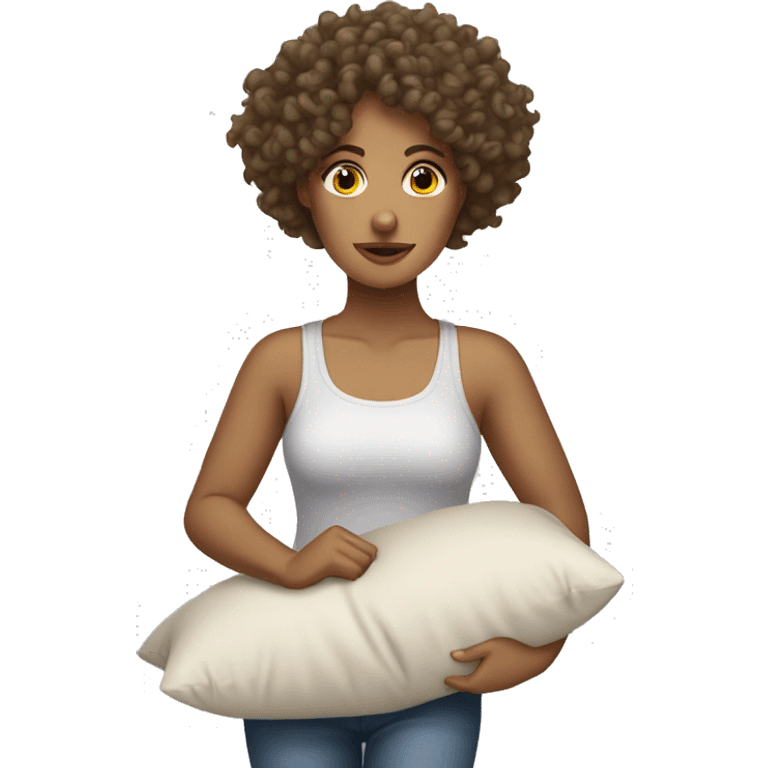 curly haired woman with light tanned skin walking tired dragging a pillow emoji