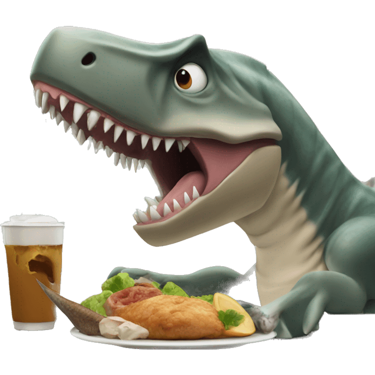 Dinosaur eating a shark tail in a restaurant  emoji