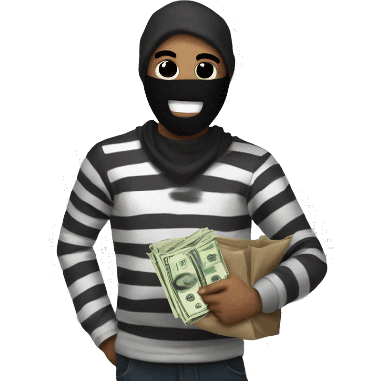 This is a drawing of a cartoon robber wearing a black mask and striped shirt. They are holding a bag of money.  The drawing is simple but effective, and the robber's expression is both mischievous and comical.   emoji