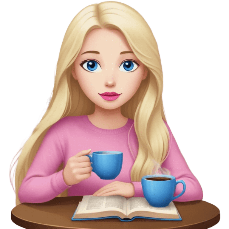 Cinematic realistic blonde with long hair, blue eyes, pink lips, sitting in a cozy atmosphere, reading a book, coffee is on the table next to her emoji