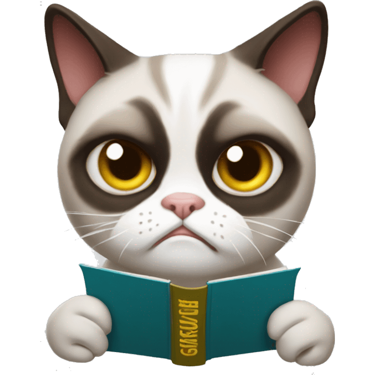 grumpy cat with book emoji