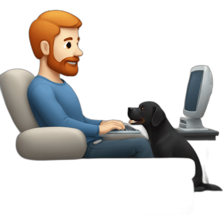 a man with a red beard sits working on a computer on the sofa with a black Labrador emoji