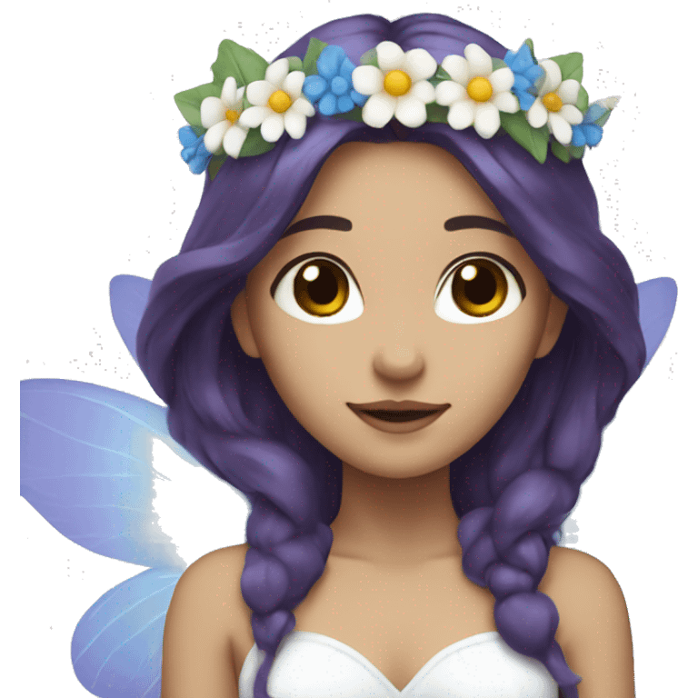 white fairy with purple and blue wings, long brunette hair, and flower crown emoji