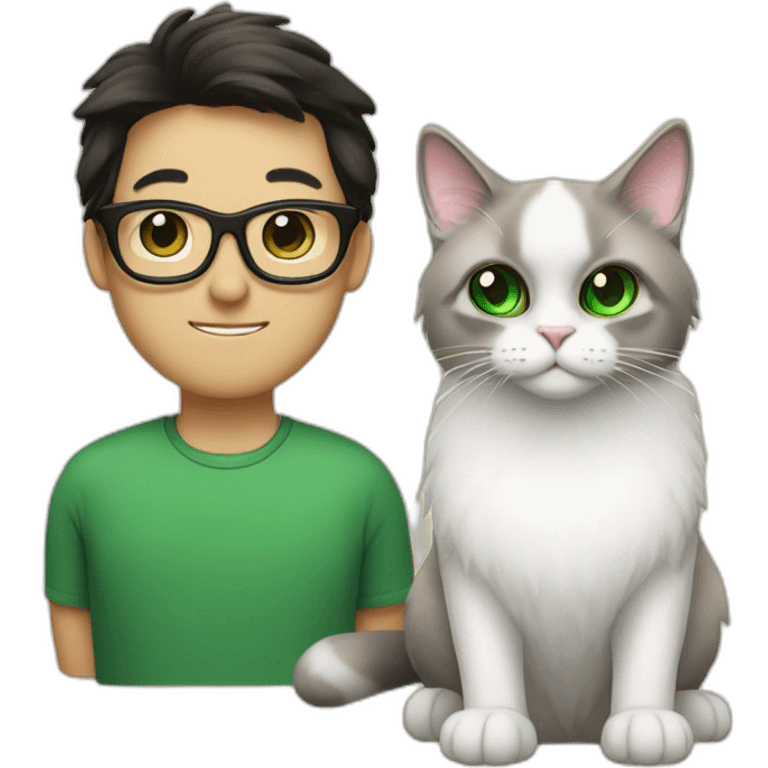 Ragdoll cat in between Asian man with glasses and white girl with green eyes emoji