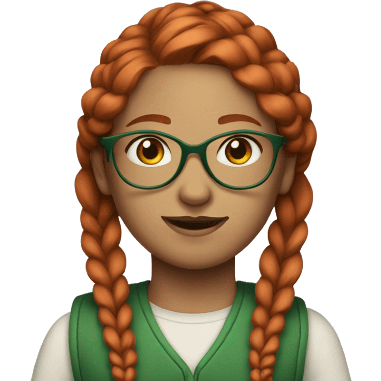 Girl with red hair in two braids. Blue eyes. Glasses and wearing a green vest  emoji