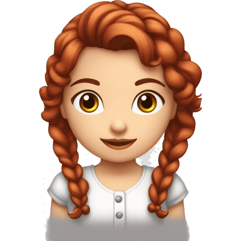 Menina ruiva, cabelo liso, olhos castanhos, com avental vermelho e um geladinho na mão emoji