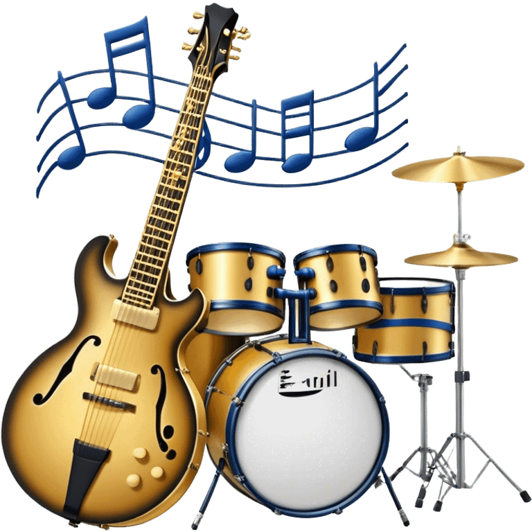 Create an elegant and artistic emoji that represents music arrangement and orchestration. The design should feature musical notes, a set of piano keys, a drum set, and an electric guitar to symbolize the diverse elements of orchestration and arrangement. Include a conductor's baton to emphasize the role of a conductor in bringing all the instruments together. Use a mix of rich colors like gold, silver, and deep blue for sophistication, and add flowing lines to represent the harmony between different instruments. The background should be transparent. emoji