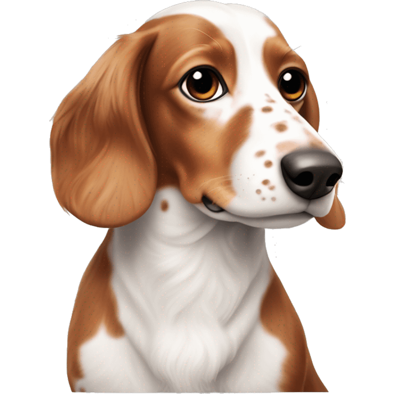 Long haired white and red piebald dachshund with freckles side eye whole body emoji