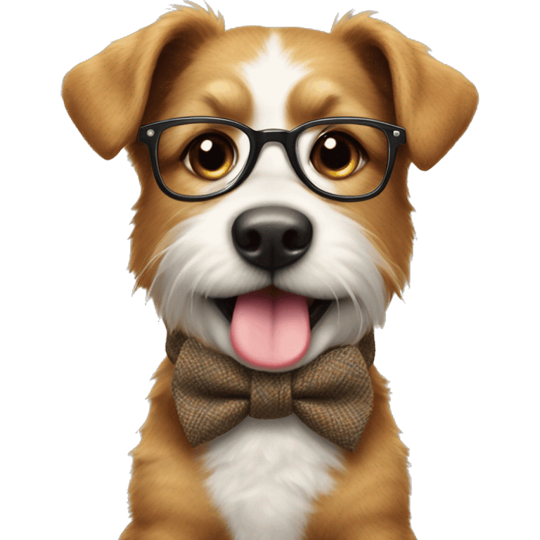 
The dog is small and fluffy, wearing a tweed vest, striped tie, and round glasses, giving it a playful, intelligent look. Its bright eyes and joyful expression, with its tongue sticking out, add to its cheerful charm emoji