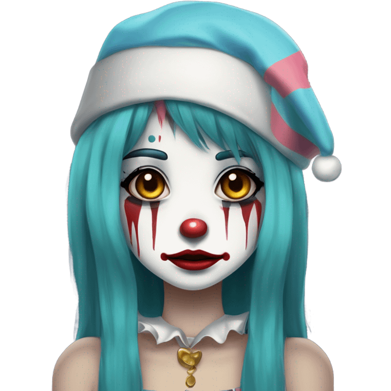 Anime manga style Sad clown girl with clown face paint wearing cap n bells cockcomb jester hat with long straight black hair exaggerated expression on her face  emoji