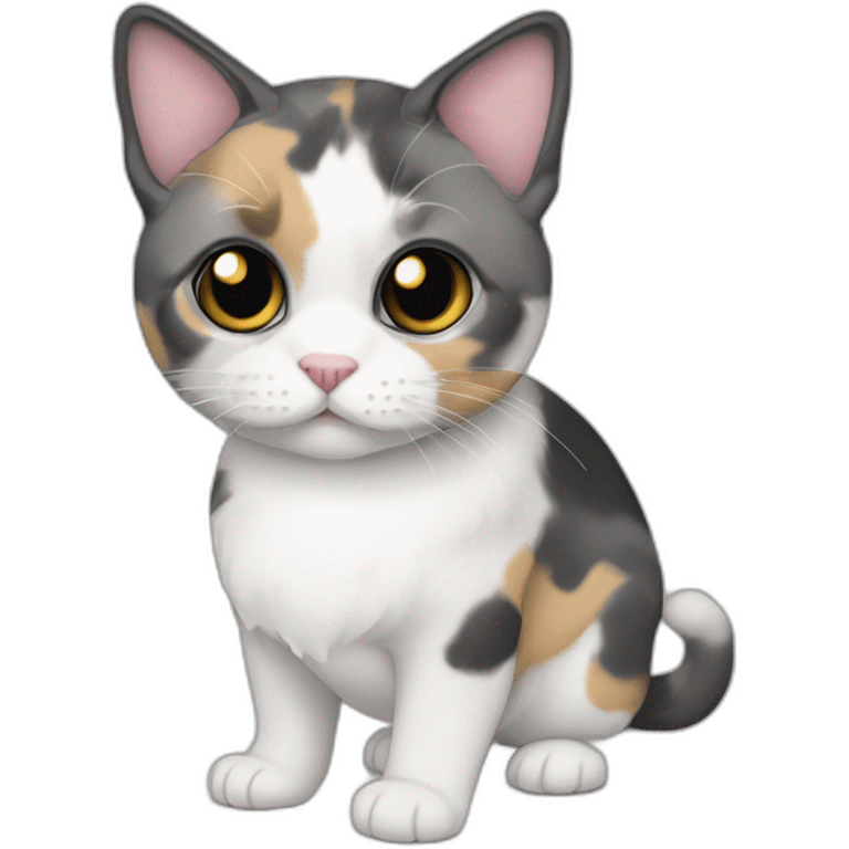 older round diluted calico, white chin, black and pink nose, grey ears, grey and white emoji