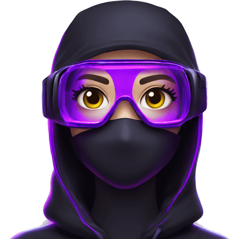 Russian girl wearing black hoody with violet letters "OMG", in vr headset. Cyberpunk style. Violet neon. emoji