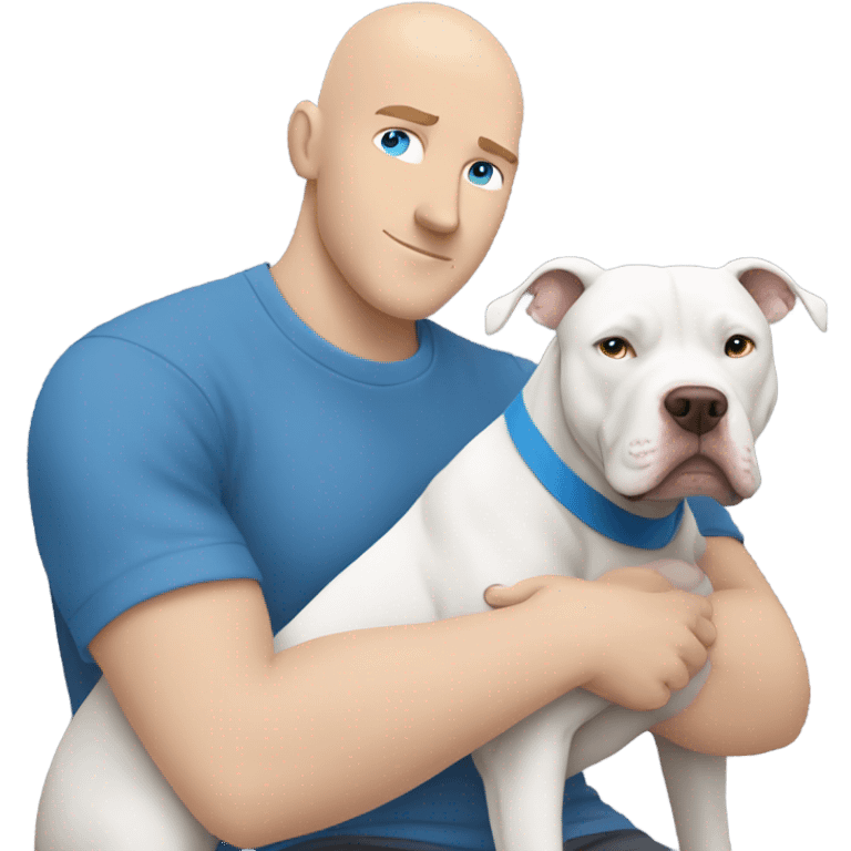 bald white man with blue eyes and blue tshirt Hugging large grey pit bull emoji