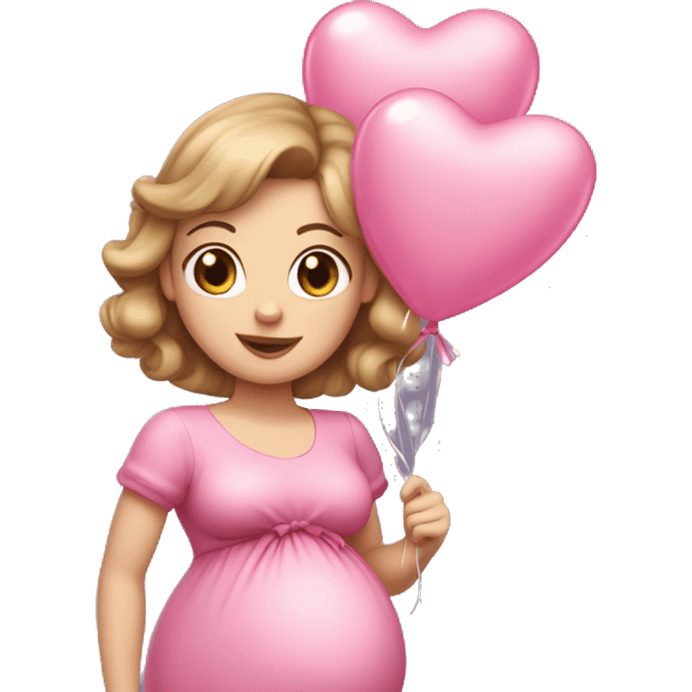 White pregnant lady, with Light Brown hair and blue eyes. She is wearing a tight pink dress and a bow,  standing and holding two pink heart balloons. emoji