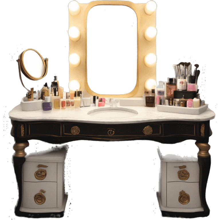 Antique Hollywood vanity with lights around mirror and black and white skincare laid out emoji