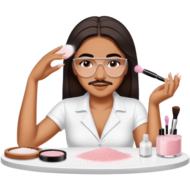 female salt bae sprinkling salt from her hand onto some makeup that is on a table emoji