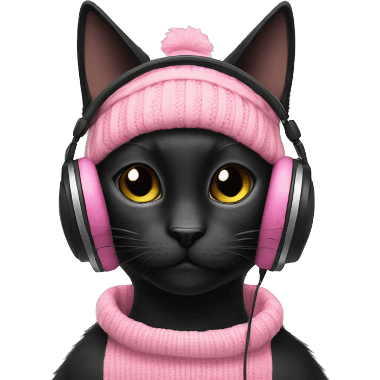 Black cat wearing a headphone and pink sweater emoji