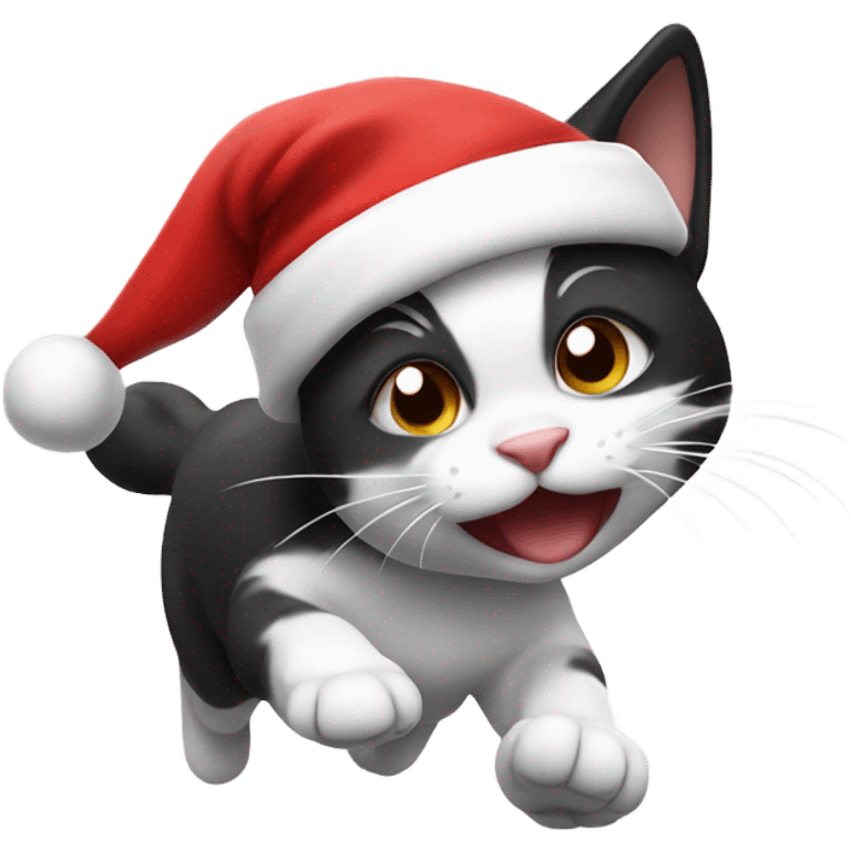 Running black and white cat wearing a Santa hat  emoji