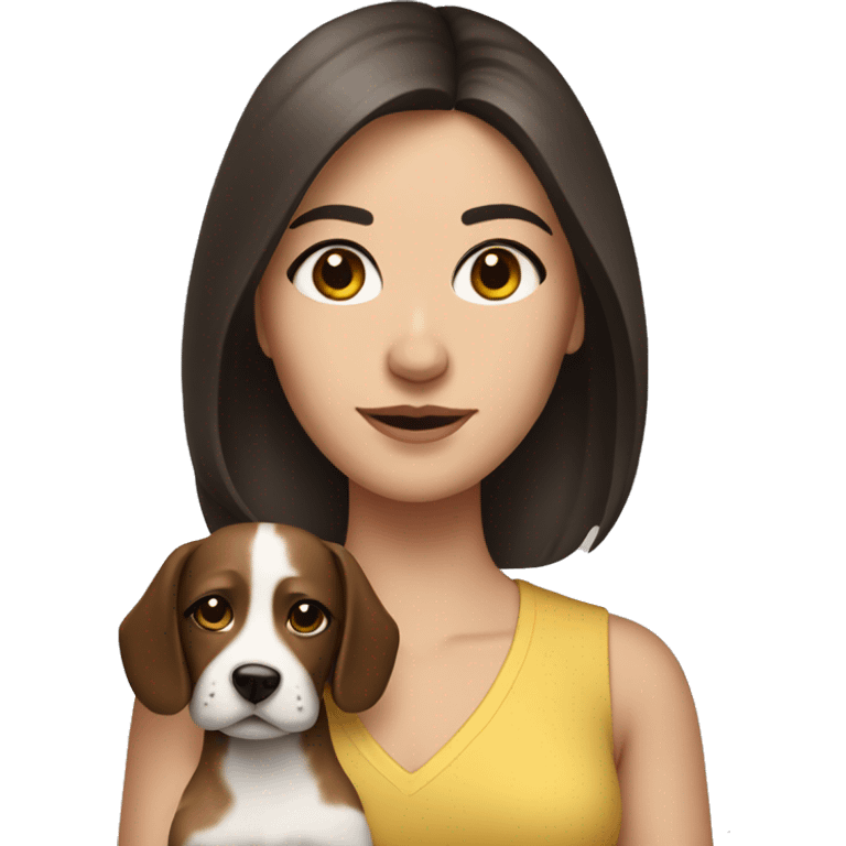 medium length pretty brunette haired woman with black eyes holding a dog emoji