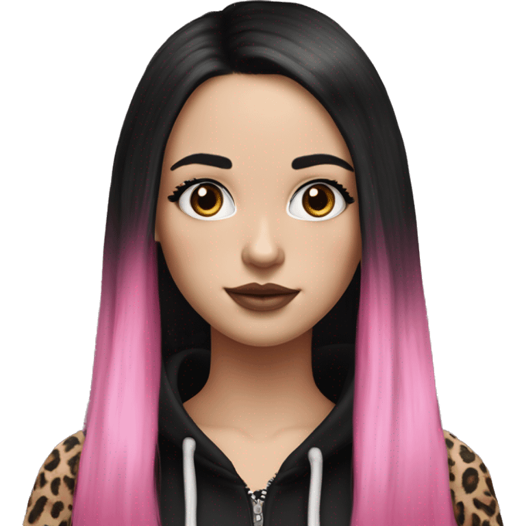 Hyperrealistic white girl with long black hair with a pink fringe and has eye makeup on, she is wearing a black and leopard print hoodie  emoji