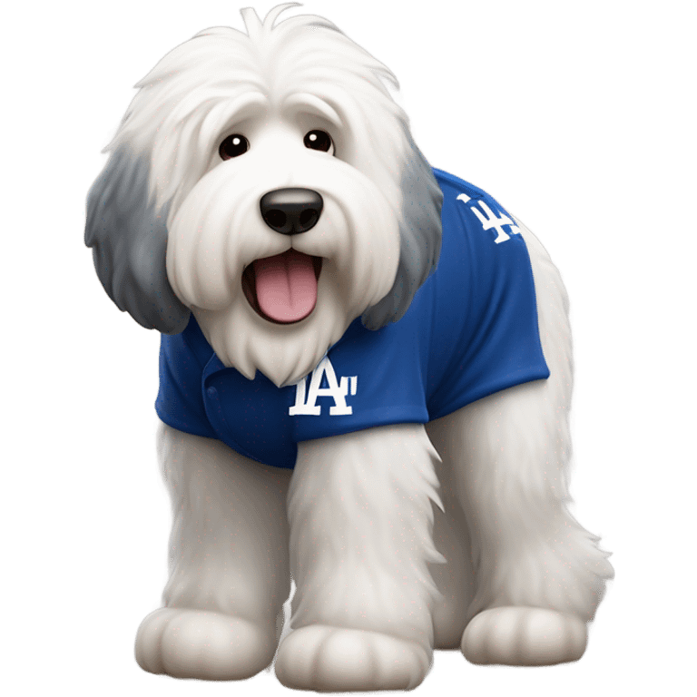 Old English Sheepdog full height wearing a Los Angeles dodgers shirt baseball emoji