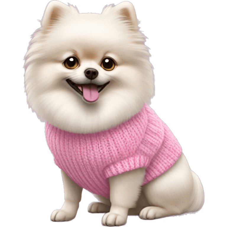 a white Pomeranian dog in a pink knitted sweater emoji