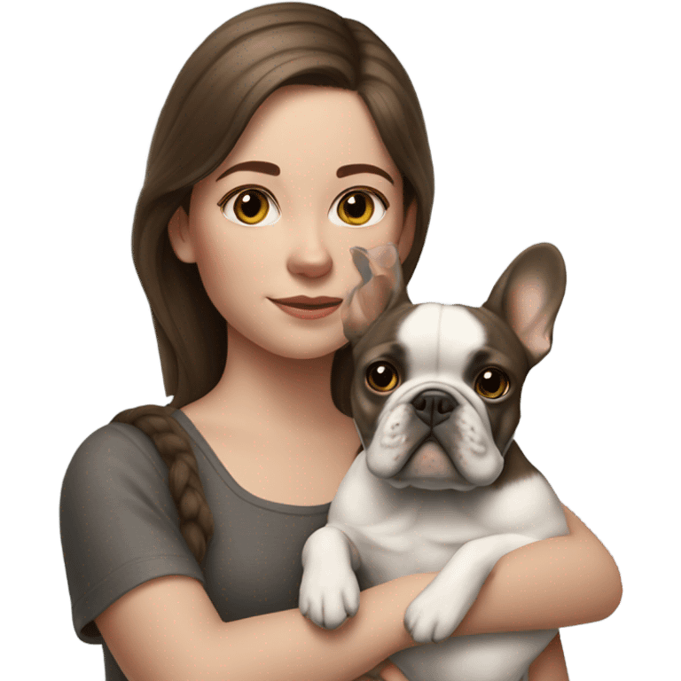 realistic portrait of brown hair girl with gray french bulldog  emoji