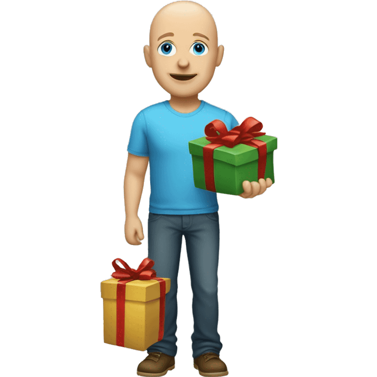 Full body Blue eye bald Caucasian man getting presents emoji