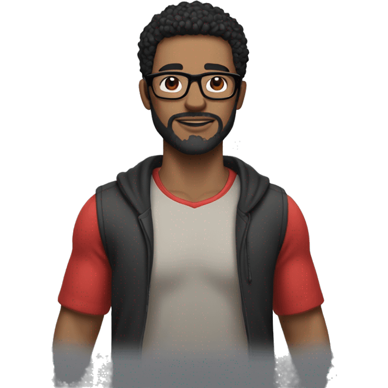 man with mixed skin color, black hair, very light beard, black bone glasses and sporty clothes with a heart in his hands emoji