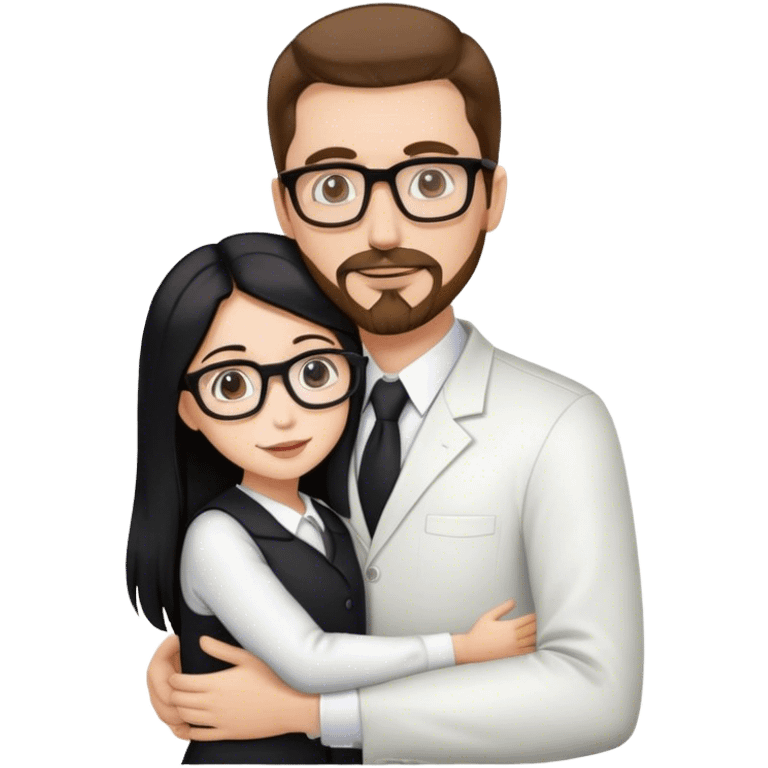 Tall white man brown hair and goatee hugging small woman long black hair square glasses, professional emoji