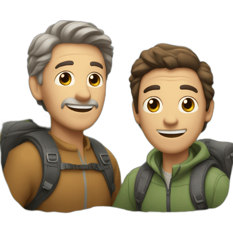 Older men and a younger men with brown hair hiking up a mountain emoji