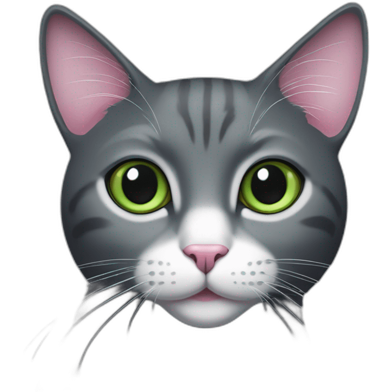 dark grey cat, pink nose, green eyes, white long whiskers, white spots near the nose, white breast emoji