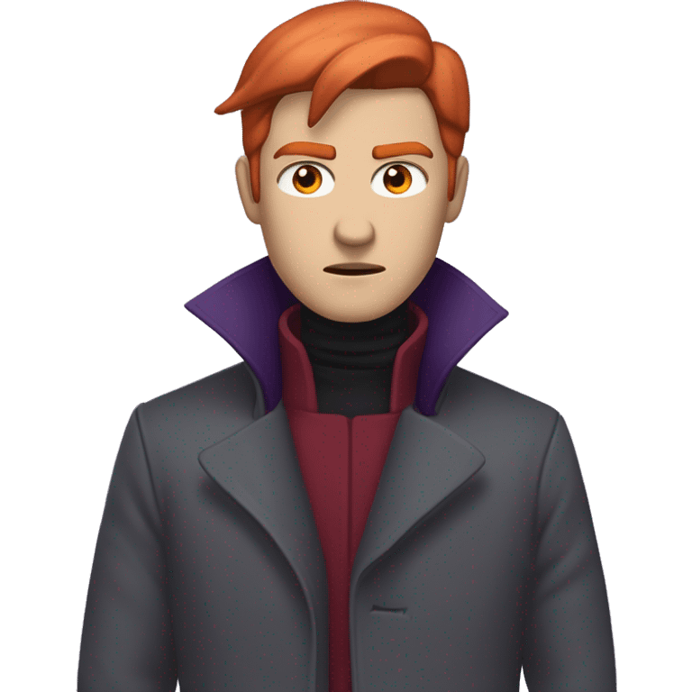 Male with pale skin, crimson red shoulder-length hair, greyish purple irises, and an angry expression. Clothing on the man is a dark greyish purple turtleneck coat with a crimson red streak going down the center of the coat. emoji