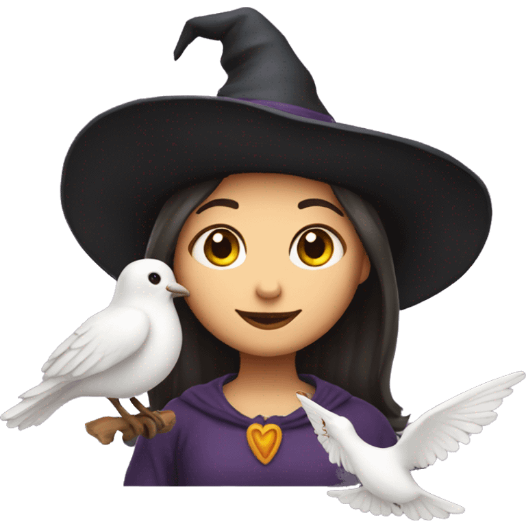 Create an emoji of a little witch with a dove on her hat emoji