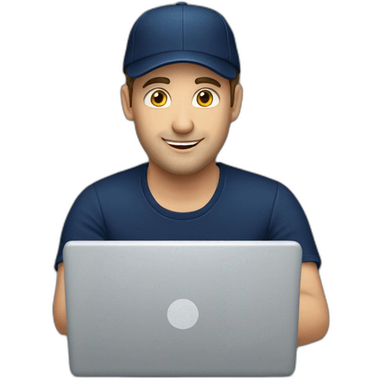 european guy wearing navy cap using laptop emoji